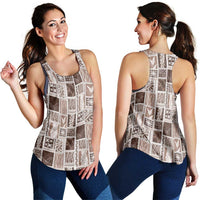 Vintage Aloha Block Quilt Women Racerback Tank Beige Inspired Lei Motifs - Polynesian Pride
