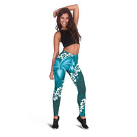 Vintage Dark Cyan Polynesia Leggings Plumeria With Hibiscus Tropical Vibes - Polynesian Pride