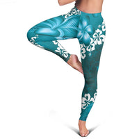 Vintage Dark Cyan Polynesia Leggings Plumeria With Hibiscus Tropical Vibes - Polynesian Pride