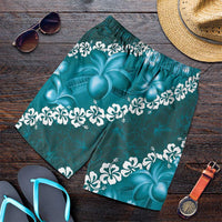 Vintage Dark Cyan Polynesia Shorts for Men Plumeria With Hibiscus Tropical Vibes - Polynesian Pride