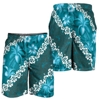 Vintage Dark Cyan Polynesia Shorts for Men Plumeria With Hibiscus Tropical Vibes - Polynesian Pride