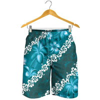 Vintage Dark Cyan Polynesia Shorts for Men Plumeria With Hibiscus Tropical Vibes - Polynesian Pride