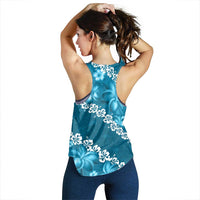 Vintage Dark Cyan Polynesia Women Racerback Tank Plumeria With Hibiscus Tropical Vibes - Polynesian Pride