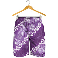 Vintage Purple Polynesia Shorts for Men Plumeria With Hibiscus Tropical Vibes - Polynesian Pride