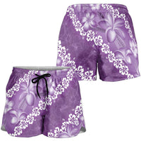 Vintage Purple Polynesia Shorts for Women Plumeria With Hibiscus Tropical Vibes - Polynesian Pride