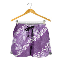 Vintage Purple Polynesia Shorts for Women Plumeria With Hibiscus Tropical Vibes - Polynesian Pride