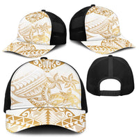 White and Gold Polynesia Baseball Net Cap Plumeria Tattoo With Polynesian Pattern - Polynesian Pride