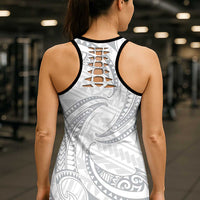 White Sunday Lotu Tamaiti Hollow Tank Top Polynesian Wave Pastel Gray - Polynesian Pride