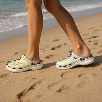 Yellow Palaka Hawaii Clogs Shoes Kukui Nut Pikake Lei Hawaiian Tapa Pattern - Polynesian Pride