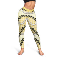 Yellow Palaka Hawaii Leggings Kukui Nut Pikake Lei Hawaiian Tapa Pattern - Polynesian Pride
