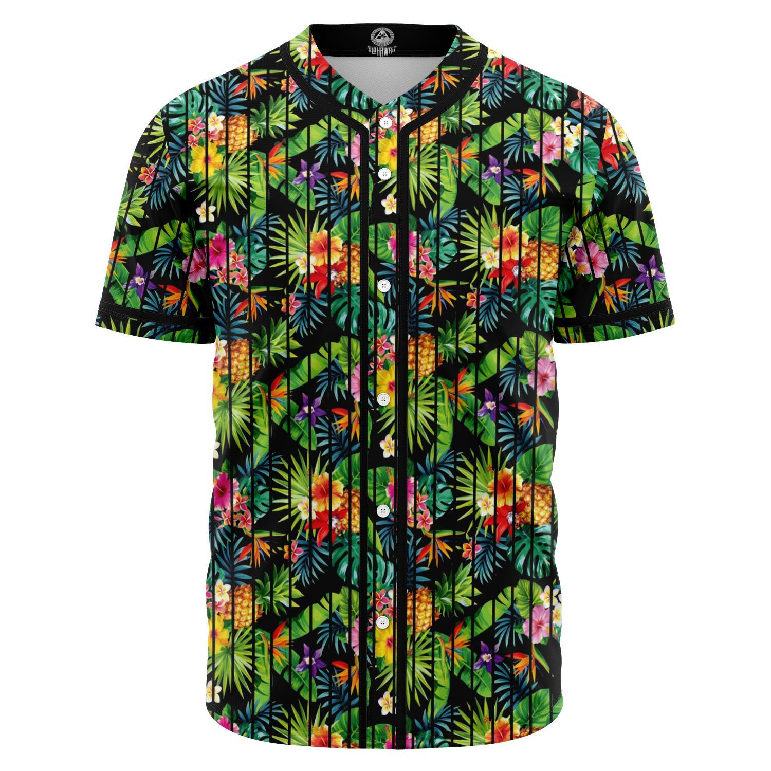 Tropical Pattern With Pineapples, Palm Leaves And Flowers Baseball Jersey Black - Polynesian Pride
