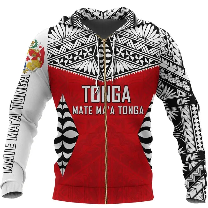 Tonga Zipper Hoodie Mate Maa Tonga Zip Hoodie White - Polynesian Pride