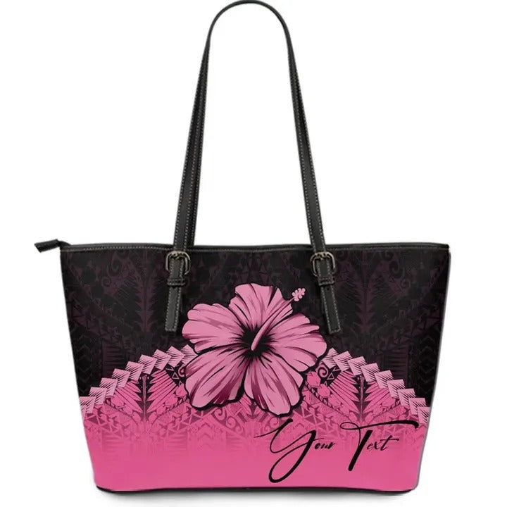 (Custom Personalised) Polynesian Leather Tote Bag Hibiscus Personal Signature Pink Pink - Polynesian Pride