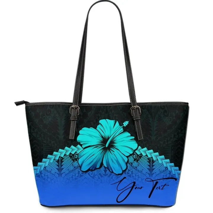 (Custom Personalised) Polynesian Leather Tote Bag Hibiscus Personal Signature Blue Blue - Polynesian Pride