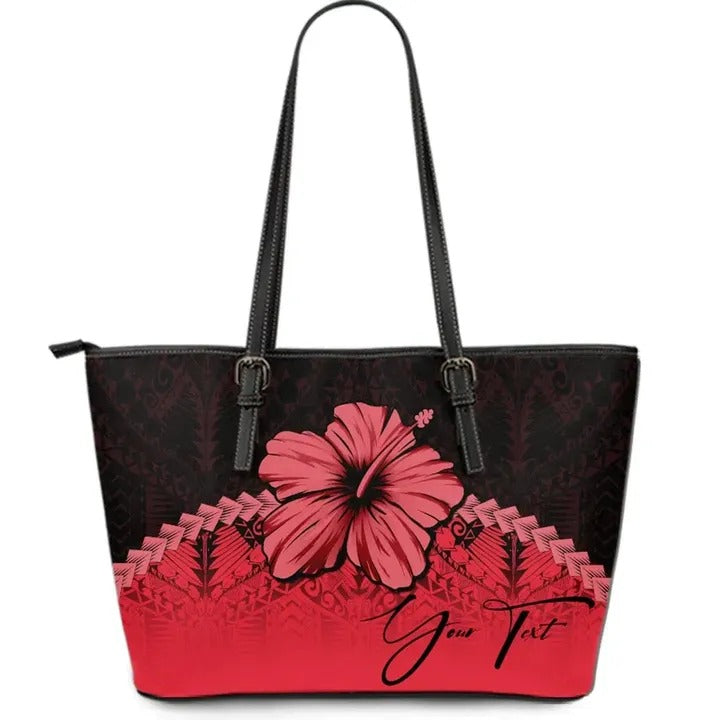 (Custom Personalised) Polynesian Leather Tote Bag Hibiscus Personal Signature Red Red - Polynesian Pride