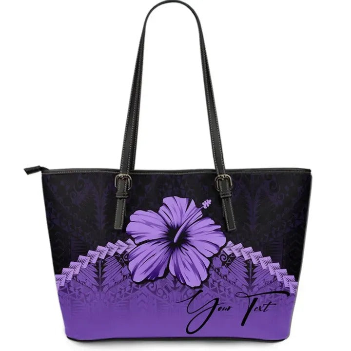 (Custom Personalised) Polynesian Leather Tote Bag Hibiscus Personal Signature Purple Purple - Polynesian Pride