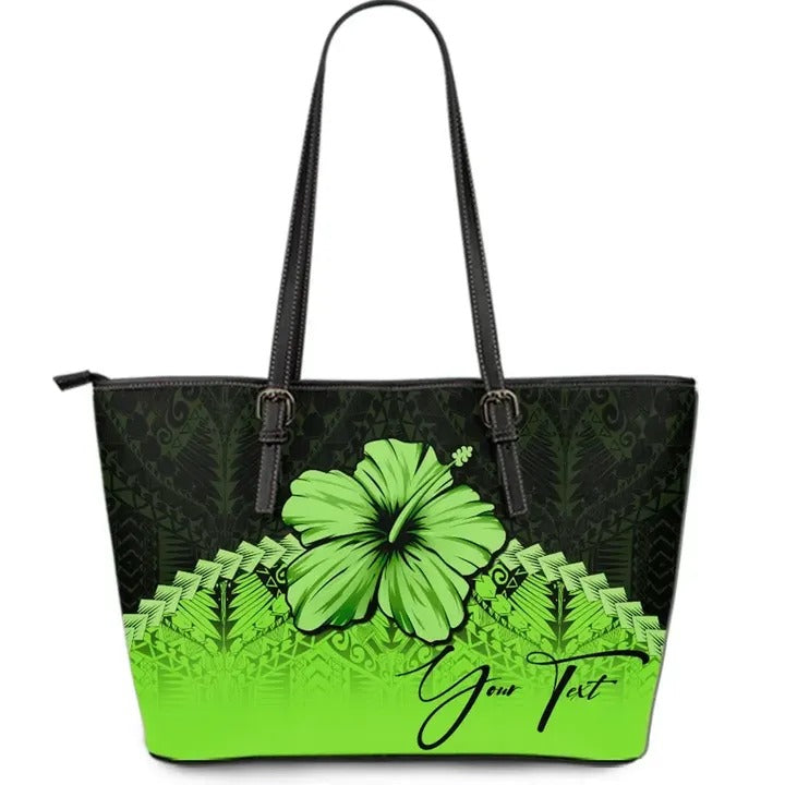 (Custom Personalised) Polynesian Leather Tote Bag Hibiscus Personal Signature Green Green - Polynesian Pride