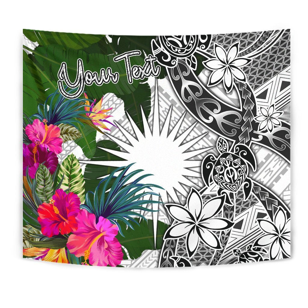 Marshall Islands Custom Personalised Tapestry White - Turtle Plumeria Banana Leaf Wall Tapestry White - Polynesian Pride