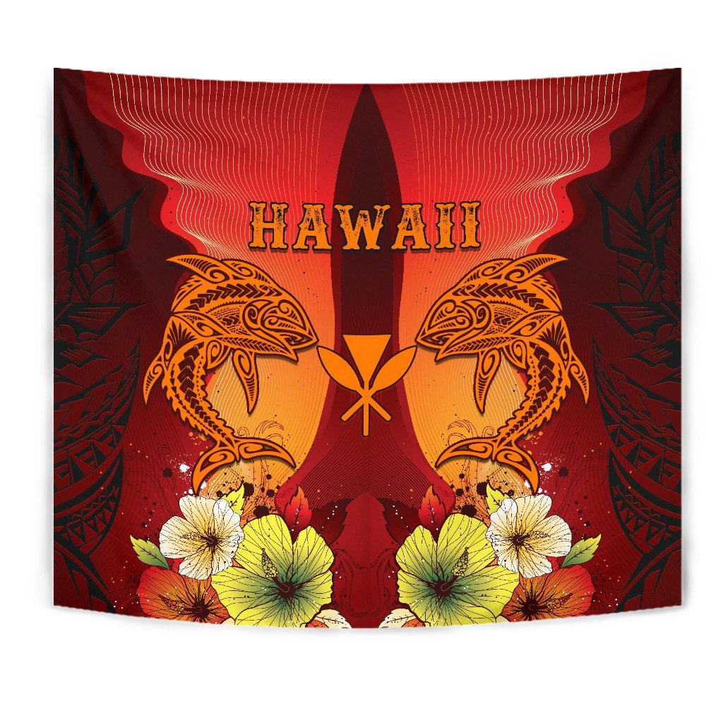 Hawaii Tapestries - Tribal Tuna Fish Wall Tapestry Orange - Polynesian Pride
