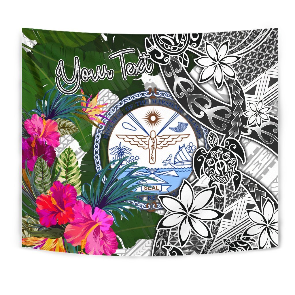 Marshall Islands Custom Personalised Tapestry White - Turtle Plumeria Banana Leaf Crest Wall Tapestry White - Polynesian Pride