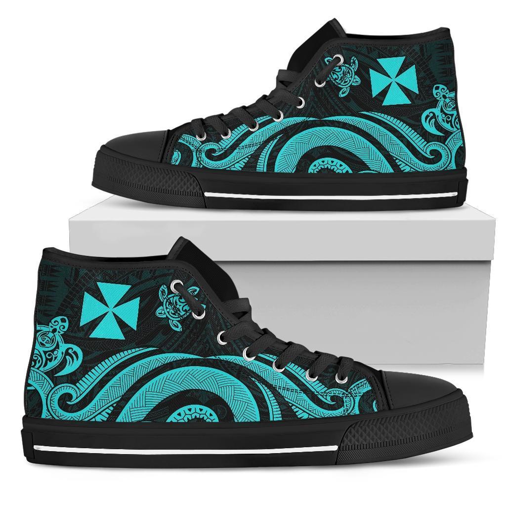 Wallis and Futuna High Top Canvas Shoes - Turquoise Tentacle Turtle Unisex Black - Polynesian Pride
