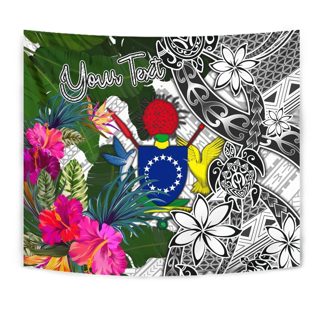 Cook Islands Custom Personalised Tapestry White - Turtle Plumeria Banana Leaf Wall Tapestry White - Polynesian Pride