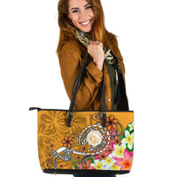 Hawaii Polynesian Large Leather Tote Bag - Hawaii Seal With Turtle Plumeria (Gold) Gold - Polynesian Pride