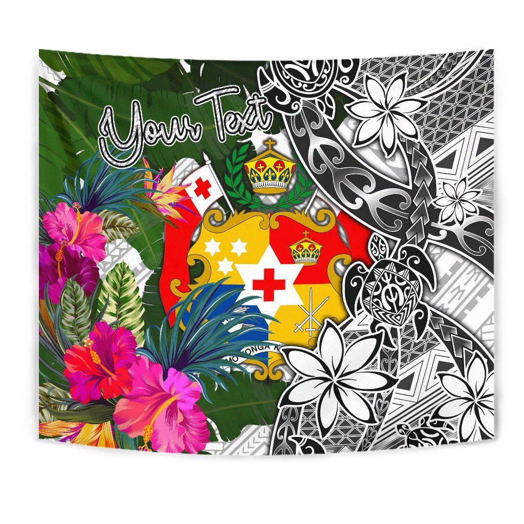Tonga Custom Personalised Tapestry White - Turtle Plumeria Banana Leaf Wall Tapestry Tonga - Polynesian Pride