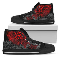 Tahiti Polynesian High Top Shoes - Red Turtle Hibiscus Flowing Unisex Black - Polynesian Pride