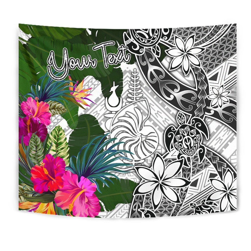 New Caledonia Custom Personalised Tapestry White - Turtle Plumeria Banana Leaf Wall Tapestry White - Polynesian Pride
