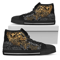 Polynesian Hawaii (Kanaka Maoli) High Top Shoes - Gold Hibiscus Turtle Flowing Unisex Black - Polynesian Pride