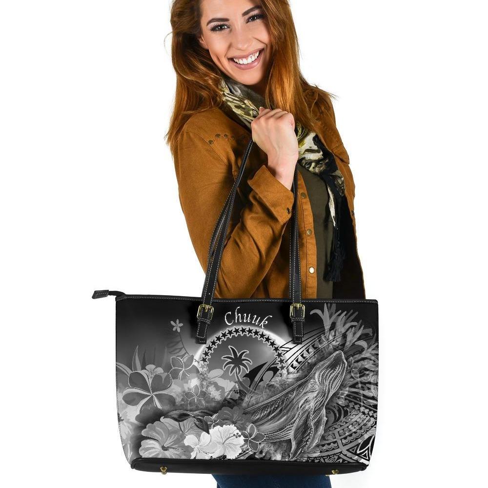 Chuuk Large Leather Tote Bag - Humpback Whale with Tropical Flowers (White) White - Polynesian Pride