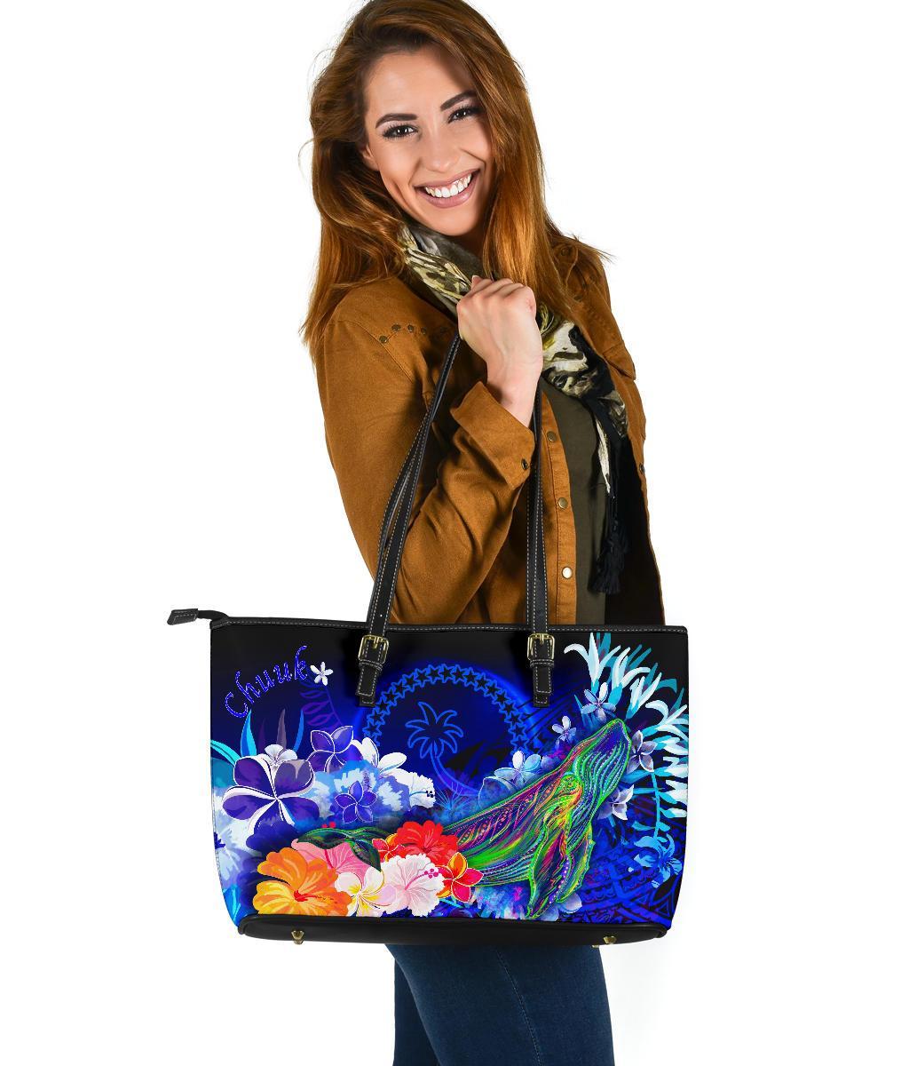 Chuuk Large Leather Tote Bag - Humpback Whale with Tropical Flowers (Blue) Blue - Polynesian Pride