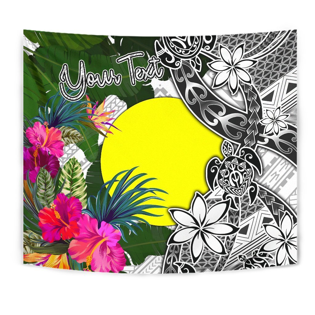 Palau Custom Personalised Tapestry White - Turtle Plumeria Banana Leaf Wall Tapestry White - Polynesian Pride