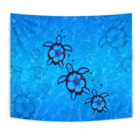 Turtle Hibiscus Swim In Sea Tapestry Wall Tapestry Blue - Polynesian Pride