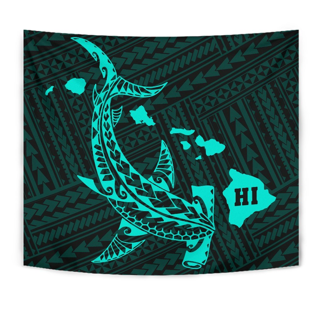 Hawaii Shark Turquoise Polynesian Tribal Tapestry - Polynesian Pride