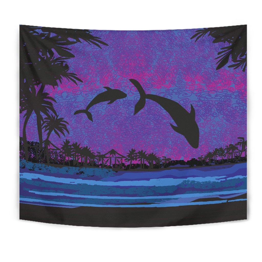 Dolphin Dance In Night Tapestry Wall Tapestry Violet - Polynesian Pride