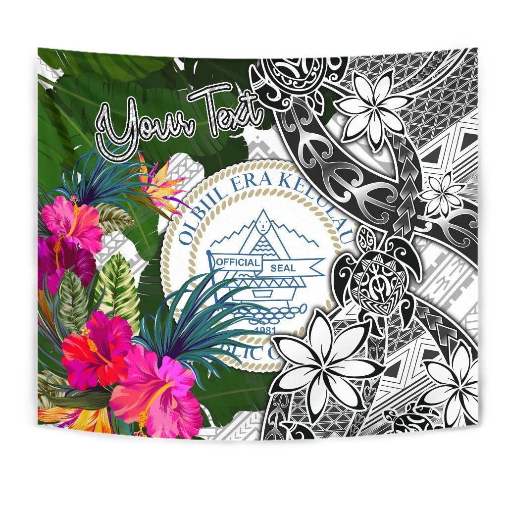Palau Custom Personalised Tapestry White - Turtle Plumeria Banana Leaf Crest Wall Tapestry White - Polynesian Pride