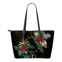 Cook Islands Hibiscus Small Leather Tote Bag Black - Polynesian Pride