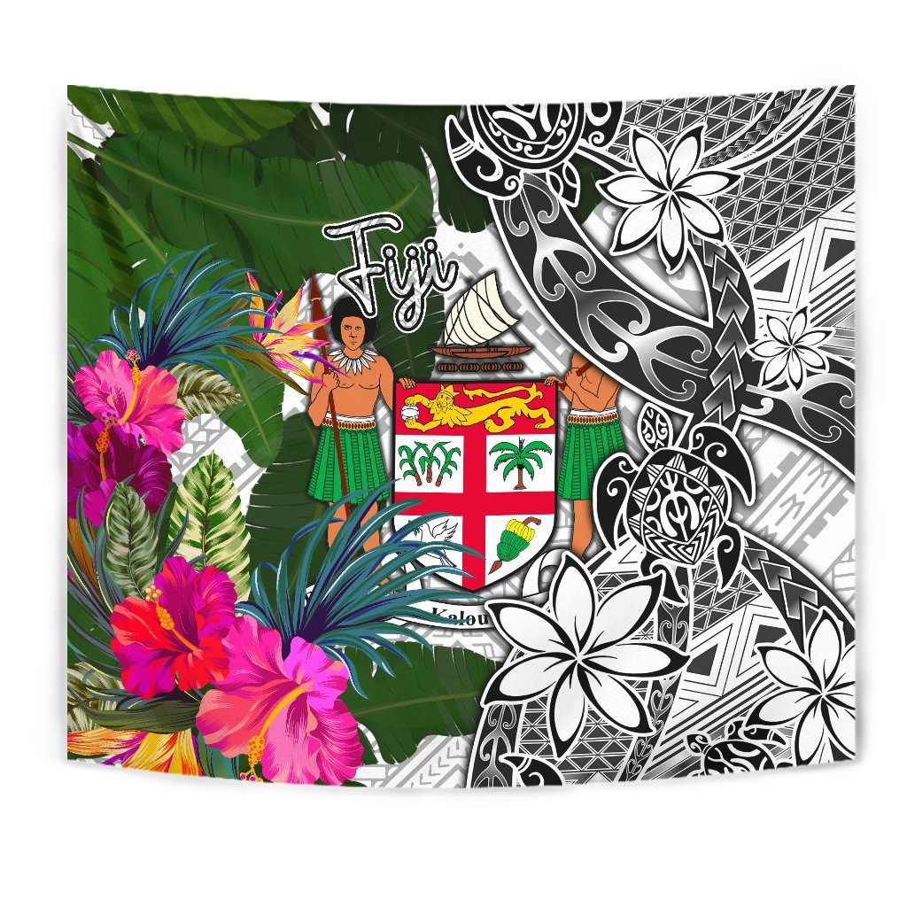 Fiji Tapestry White - Turtle Plumeria Banana Leaf Crest Wall Tapestry White - Polynesian Pride