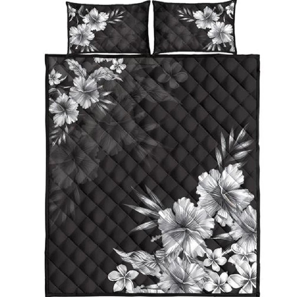 Hawaii Quilt Bed Set - Black n White Hibiscus Quilt Bed Set Black - Polynesian Pride