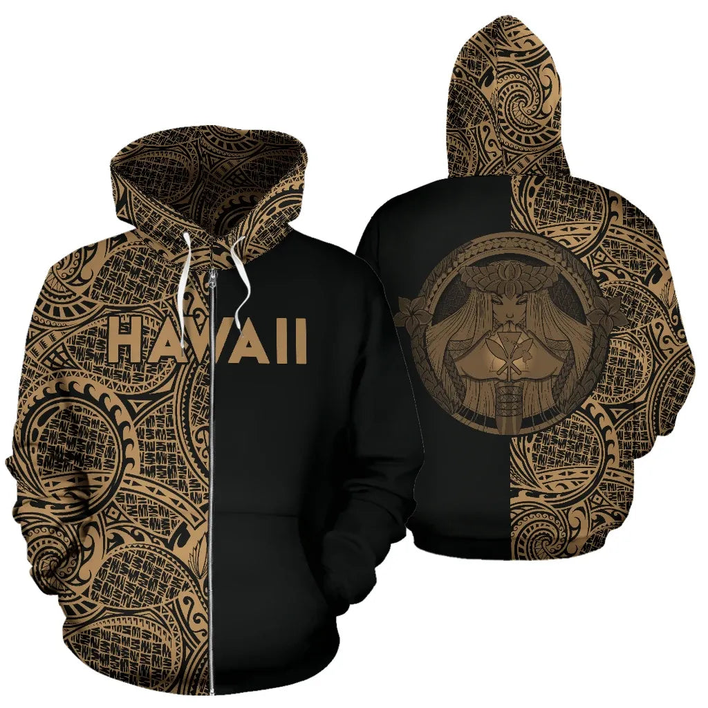 Polynesian Pride Hoodie Polynesian Madame Pele Kanaka Hawaii Zip Hoodie The Half Gold - Polynesian Pride