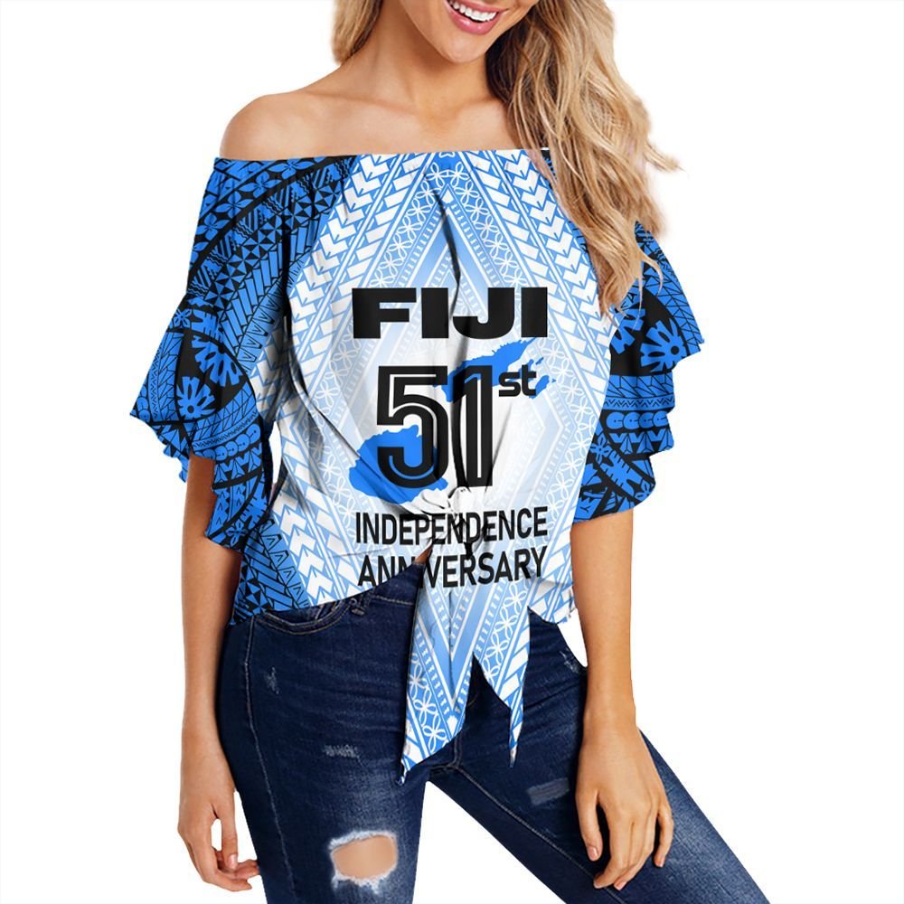 Polynesian Pride Fijian Clothing - Fiji 51st Independence Anniversary Off Shoulder Wrap Waist Top Women Blue - Polynesian Pride