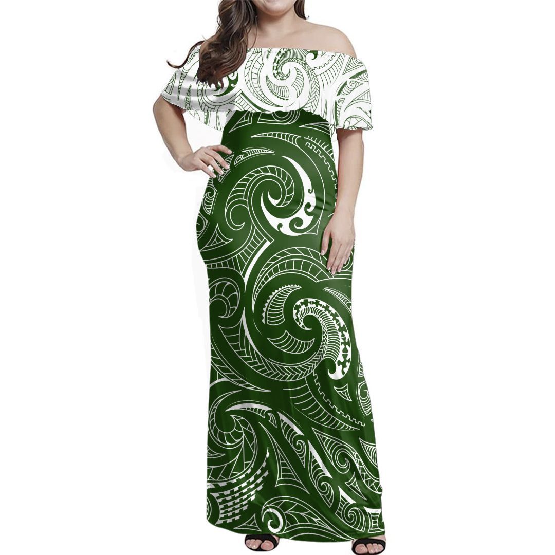 NE Maori Dress - Green Arawa Off Shoulder Long Dress Long Dress Green - Polynesian Pride