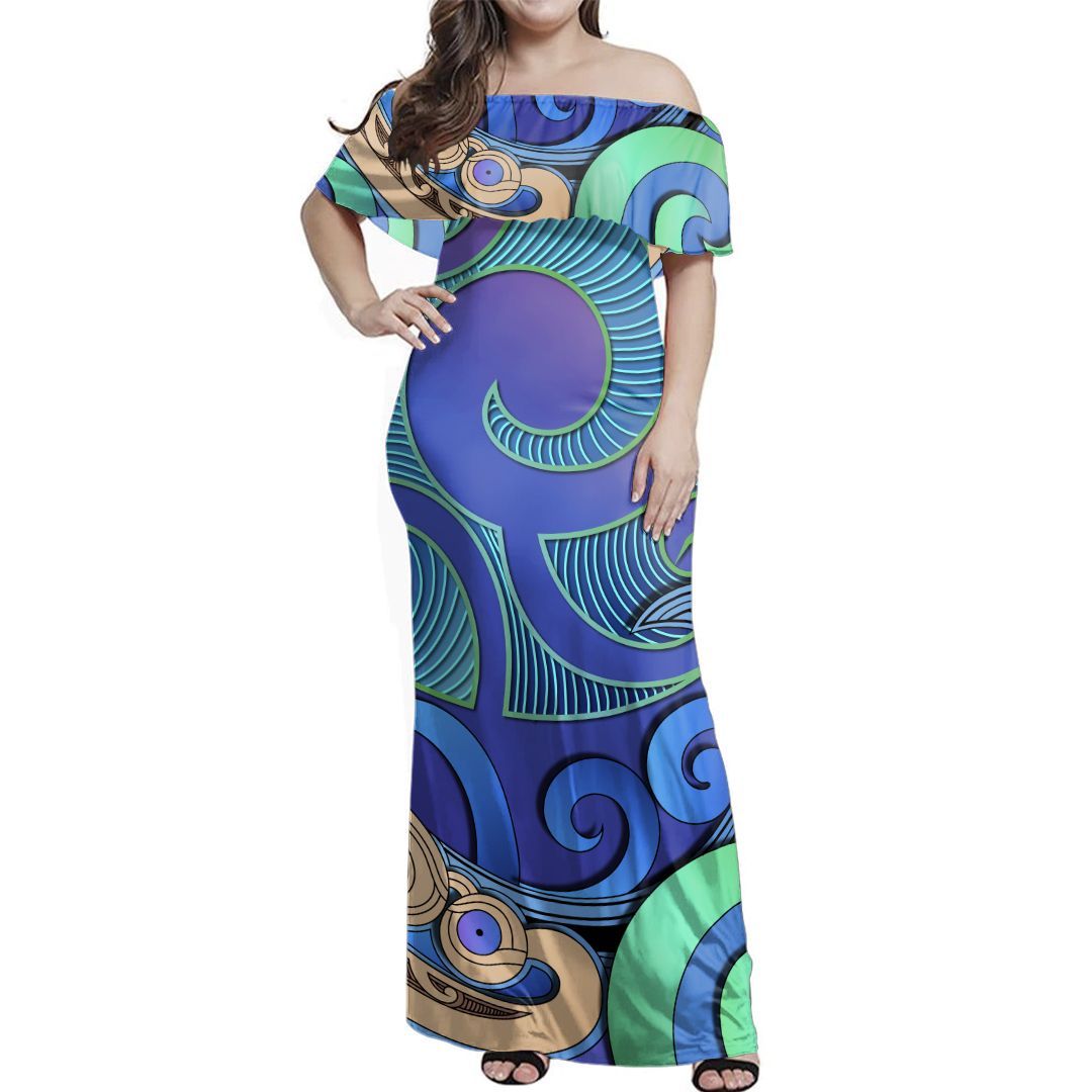 NE Maori Dress - Manaia Off Shoulder Long Dress Long Dress Blue - Polynesian Pride
