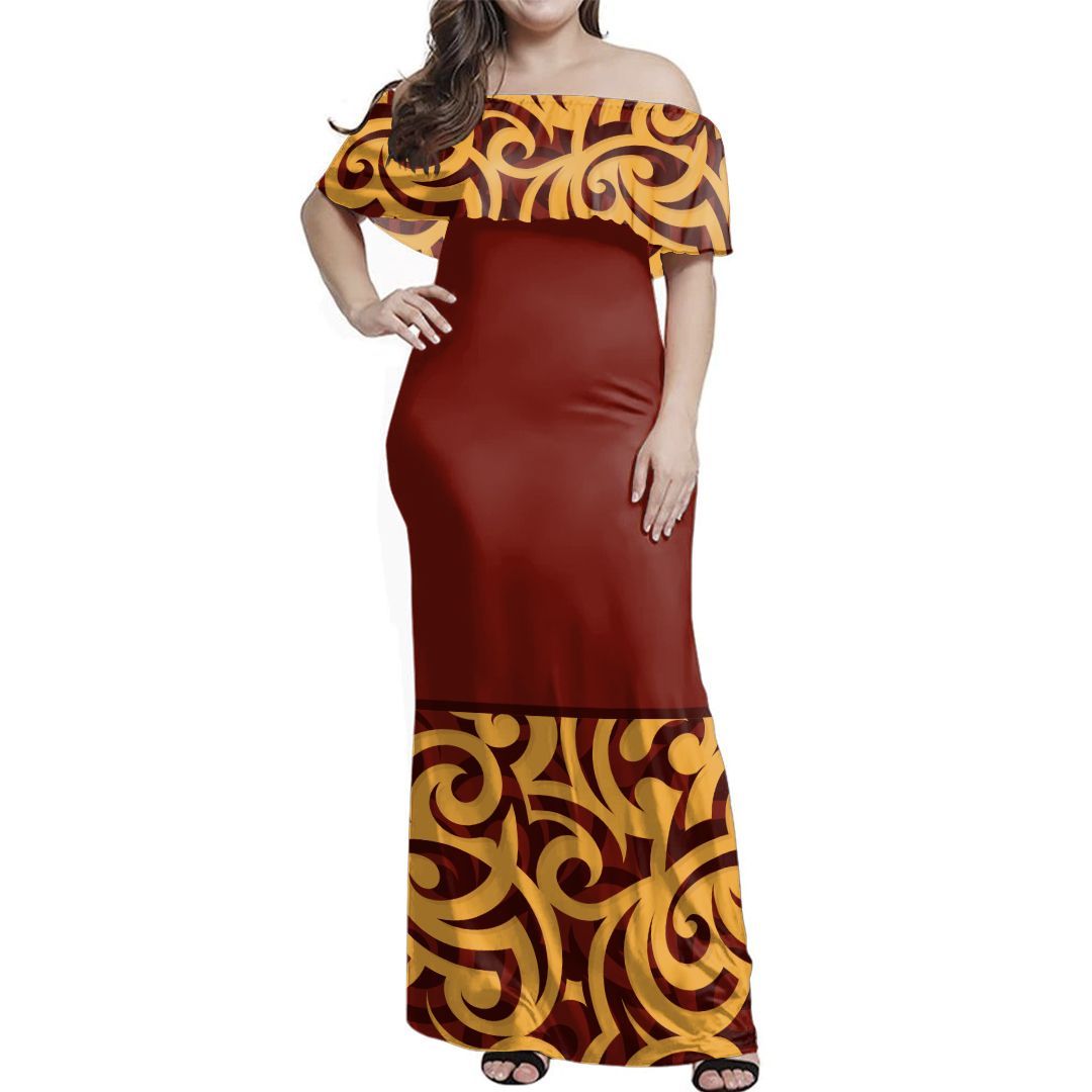 NE Maori Dress - Maori Heat Off Shoulder Long Dress Long Dress Red - Polynesian Pride