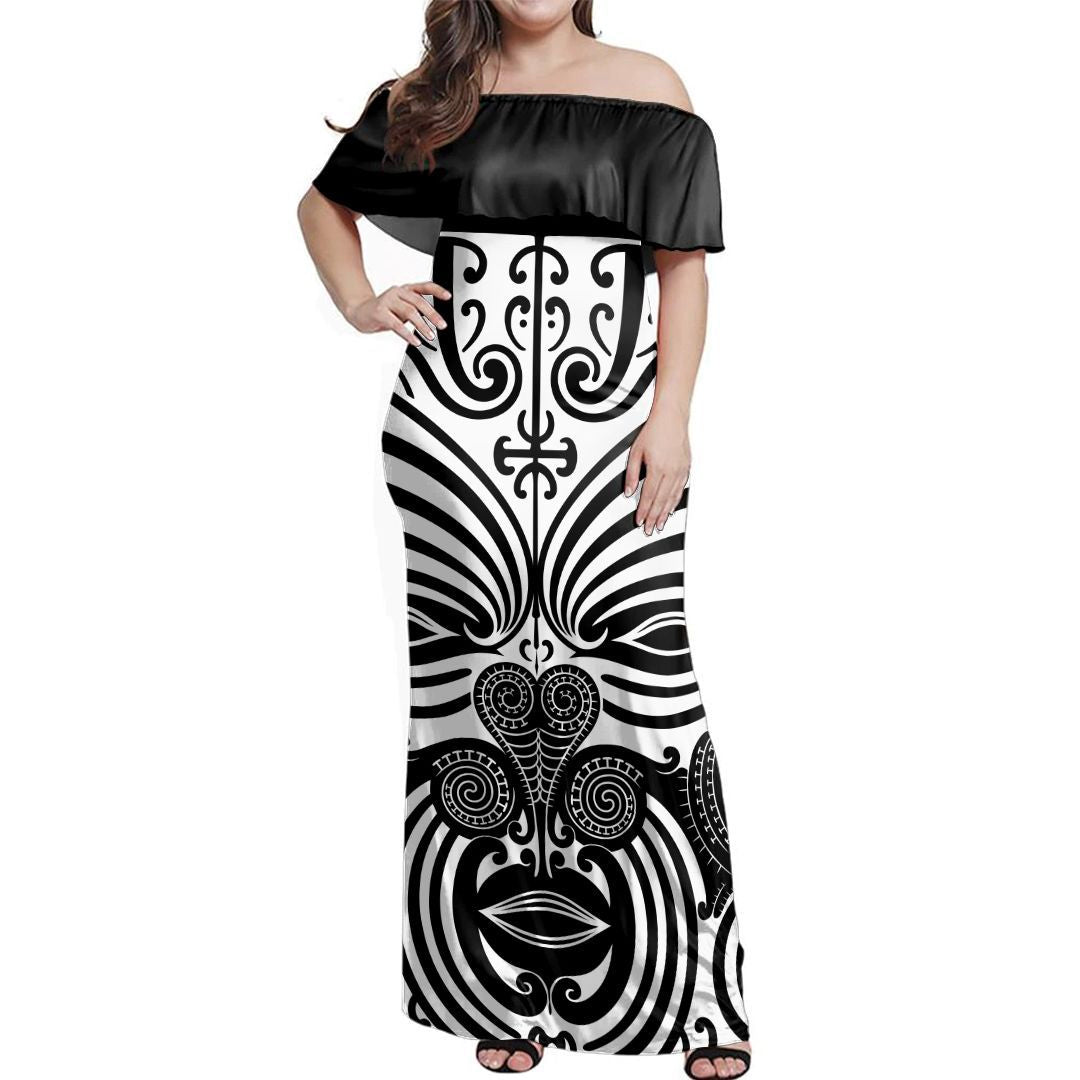 NE Maori Dress - Moko Face Off Shoulder Long Dress Long Dress Black - Polynesian Pride