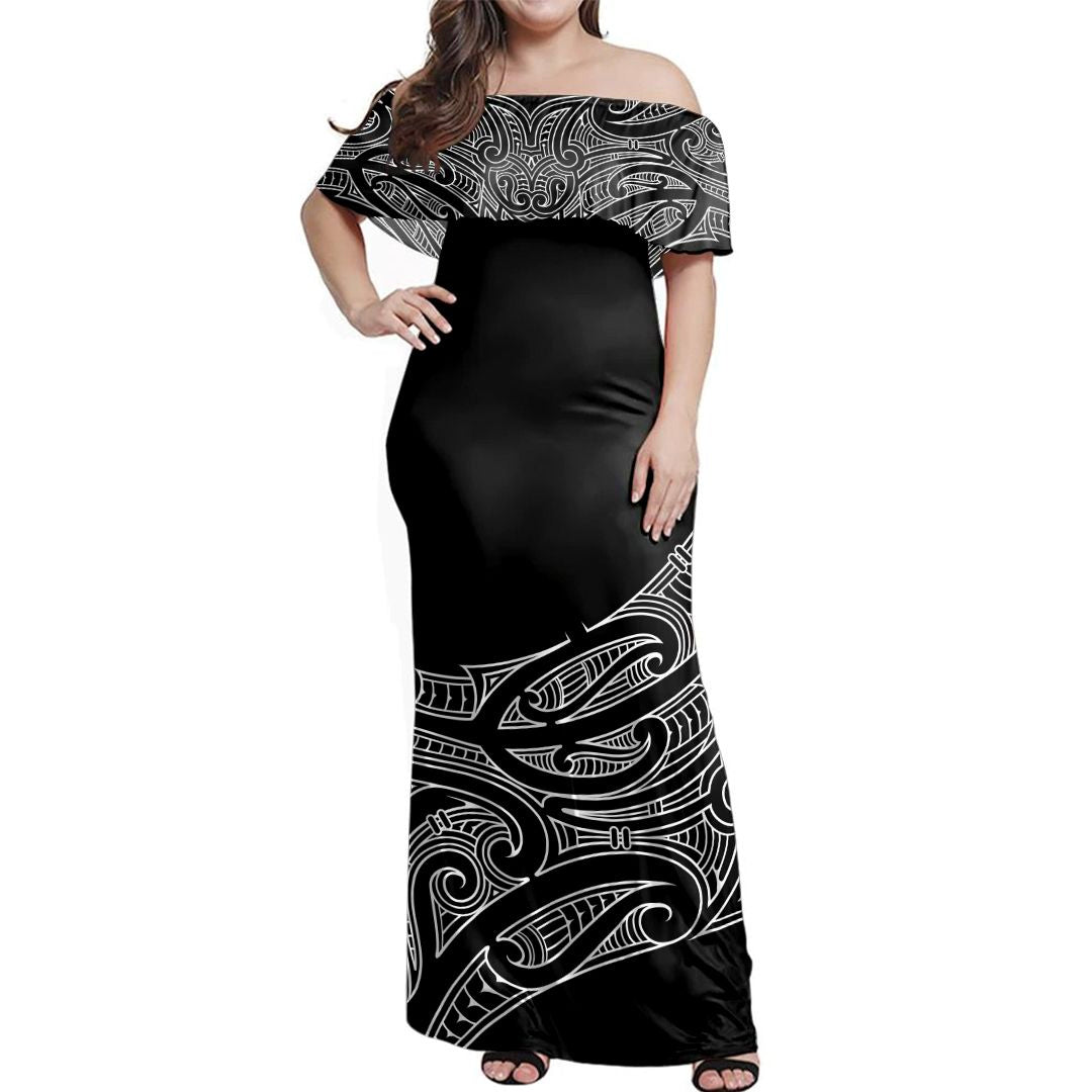 NE Maori Dress - Moko Curve Off Shoulder Long Dress Long Dress Black - Polynesian Pride