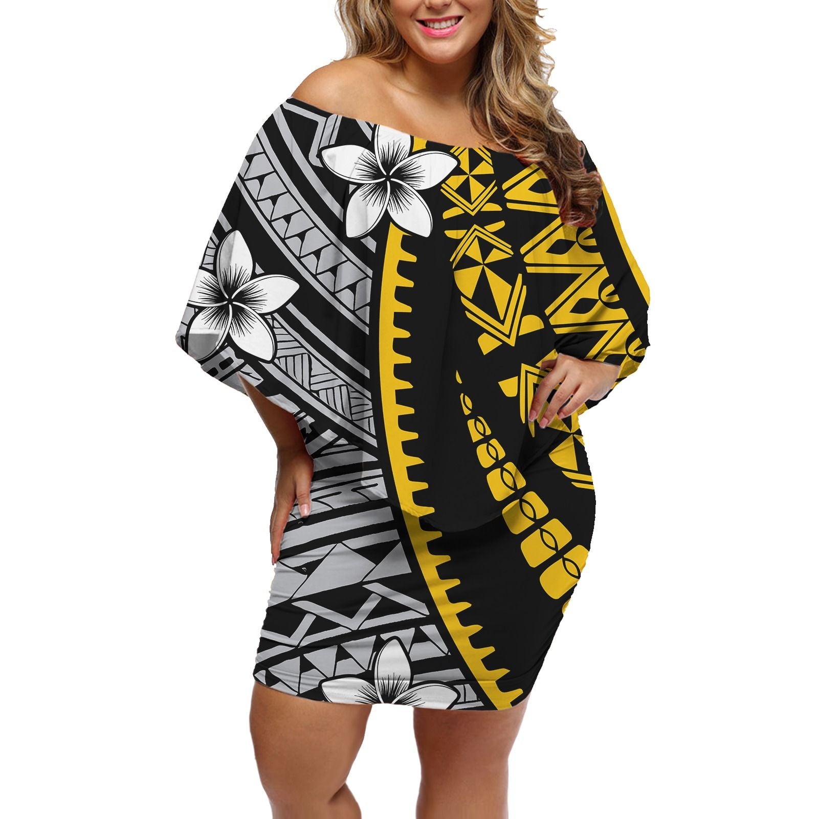 Polynesian Pride Dress - Polynesian Plumeria Kesakesa Gold White Off Shoulder Short Dress Women Gold - Polynesian Pride