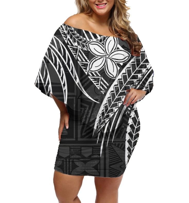 Polynesian Pride Dress - Masi Tapa Polynesian Plumeria Off Shoulder Short Dress Women Black - Polynesian Pride